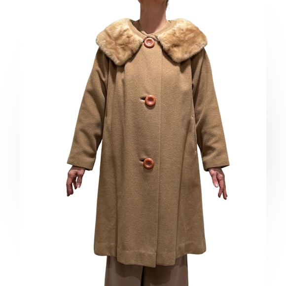 50’s 60’s CASHMERE 100% tailored by RENCROFT Tan Swing Jacket MINK FUR Collar